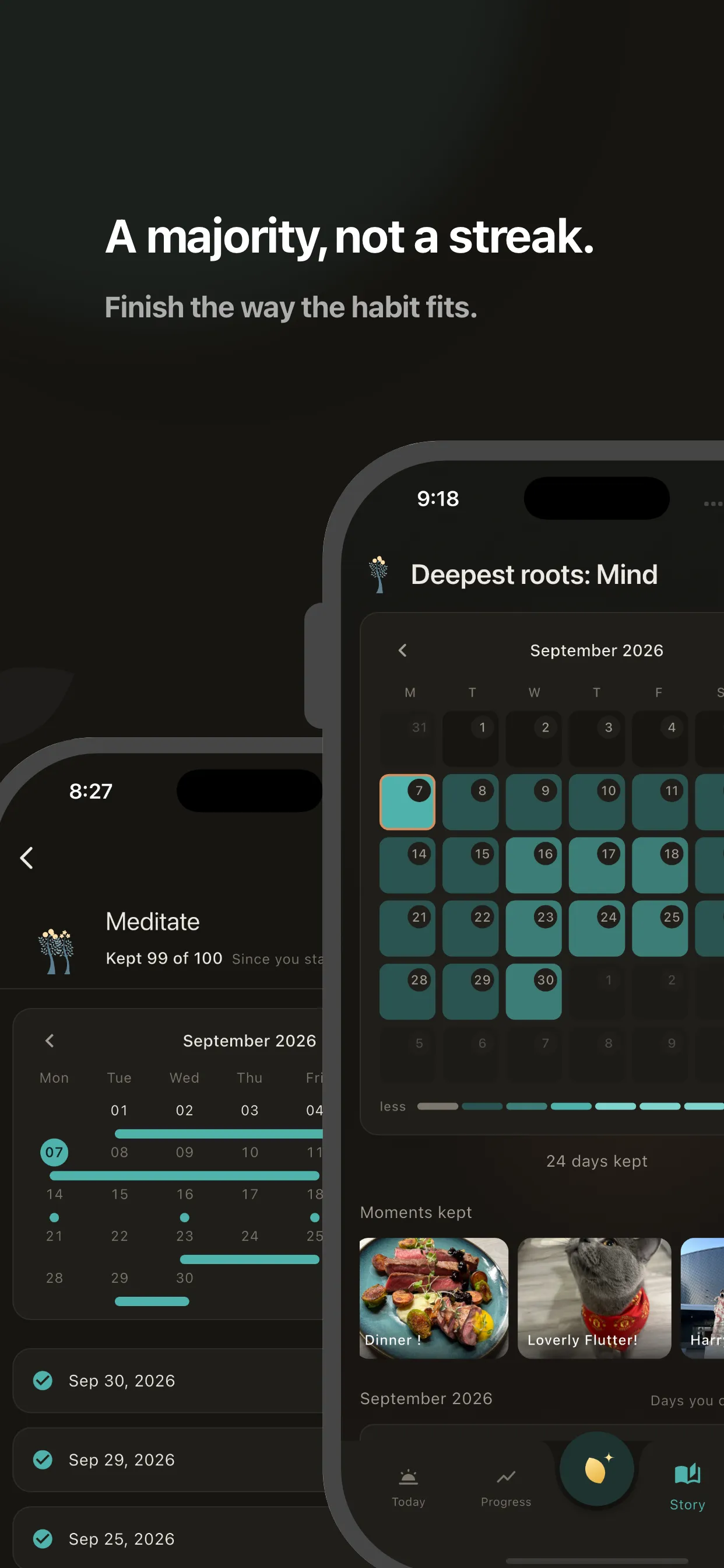 A majority, not a streak. Finish the way the habit fits. — A habit calendar showing 99 of 100 days kept.